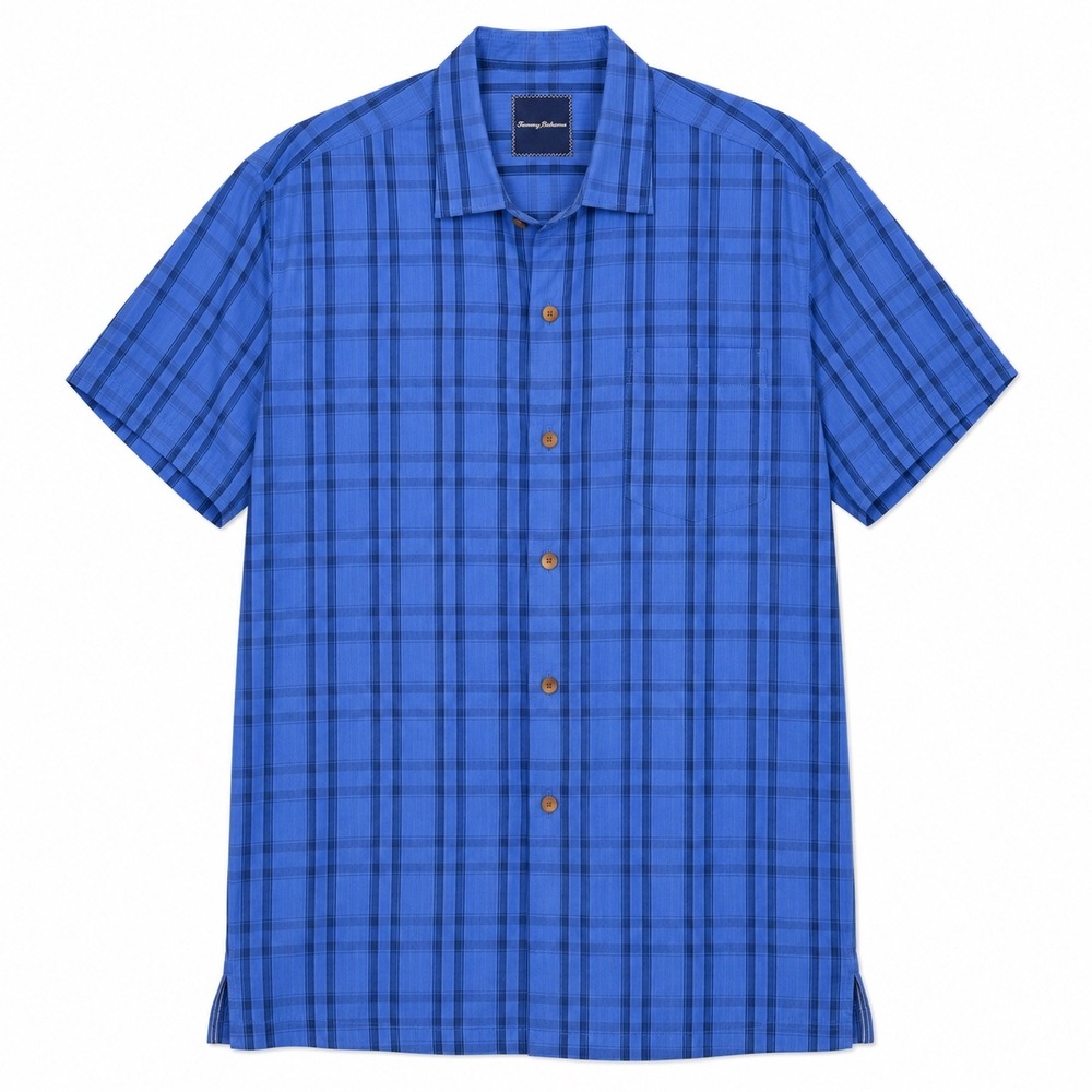 Tommy Bahama Silk Blend Button Down Shirt Men's XL Blue Plaid Short Sleeve